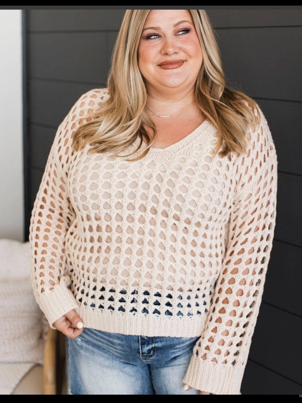 NWOT BiBi Cream Open-Weave V-Neck Sweater XL